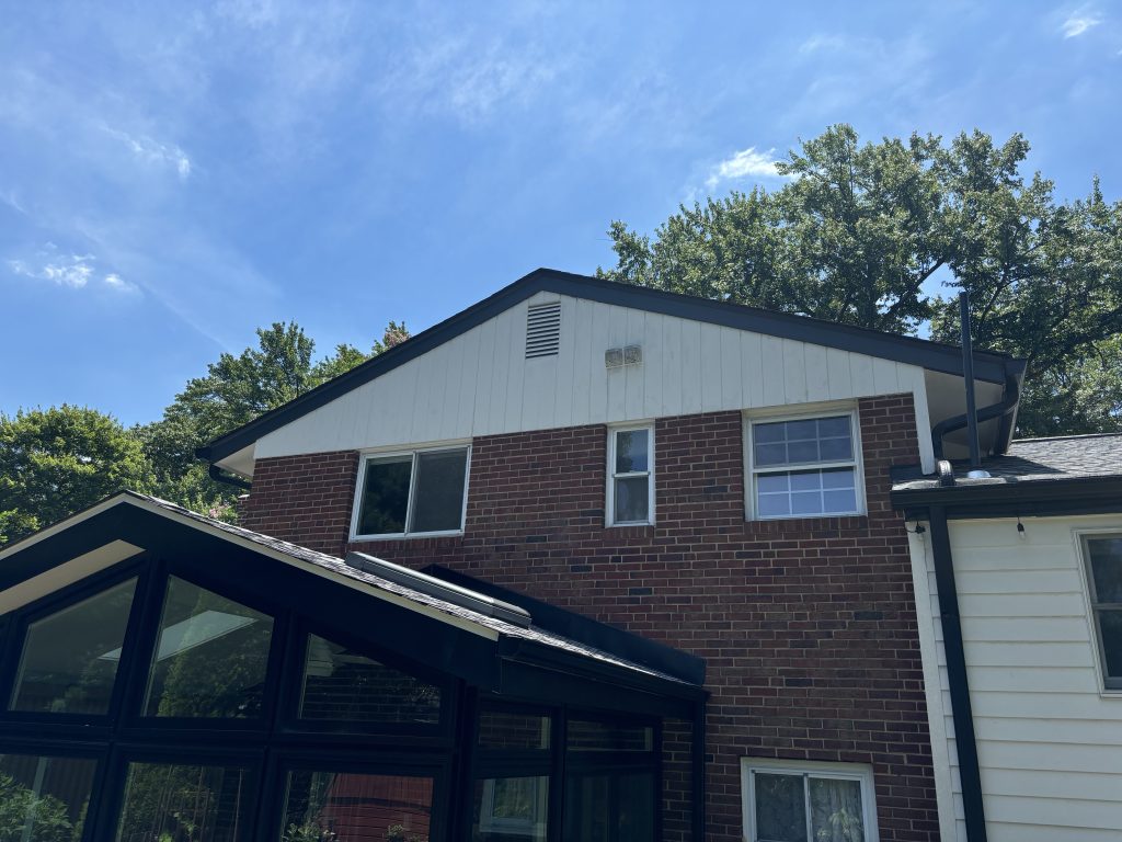 Image of the exterior roof gable of the Neltners' home.